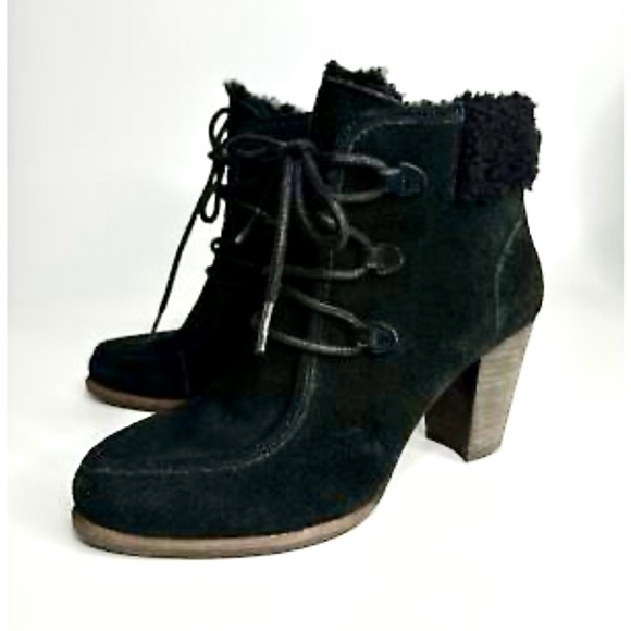 UGG ANALISE BLACK SUEDE SHEEPSKIN ANKLE BOOTS WOMEN 6.5 - Picture 1 of 15